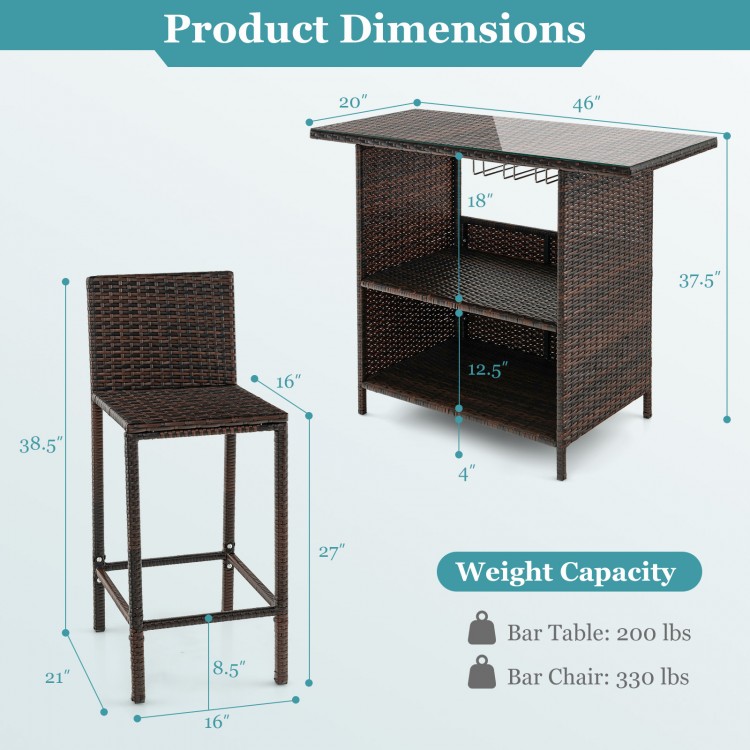 Outdoor wicker bar set dimensions with a bar table and chair, featuring durable PE rattan and stemware racks for.